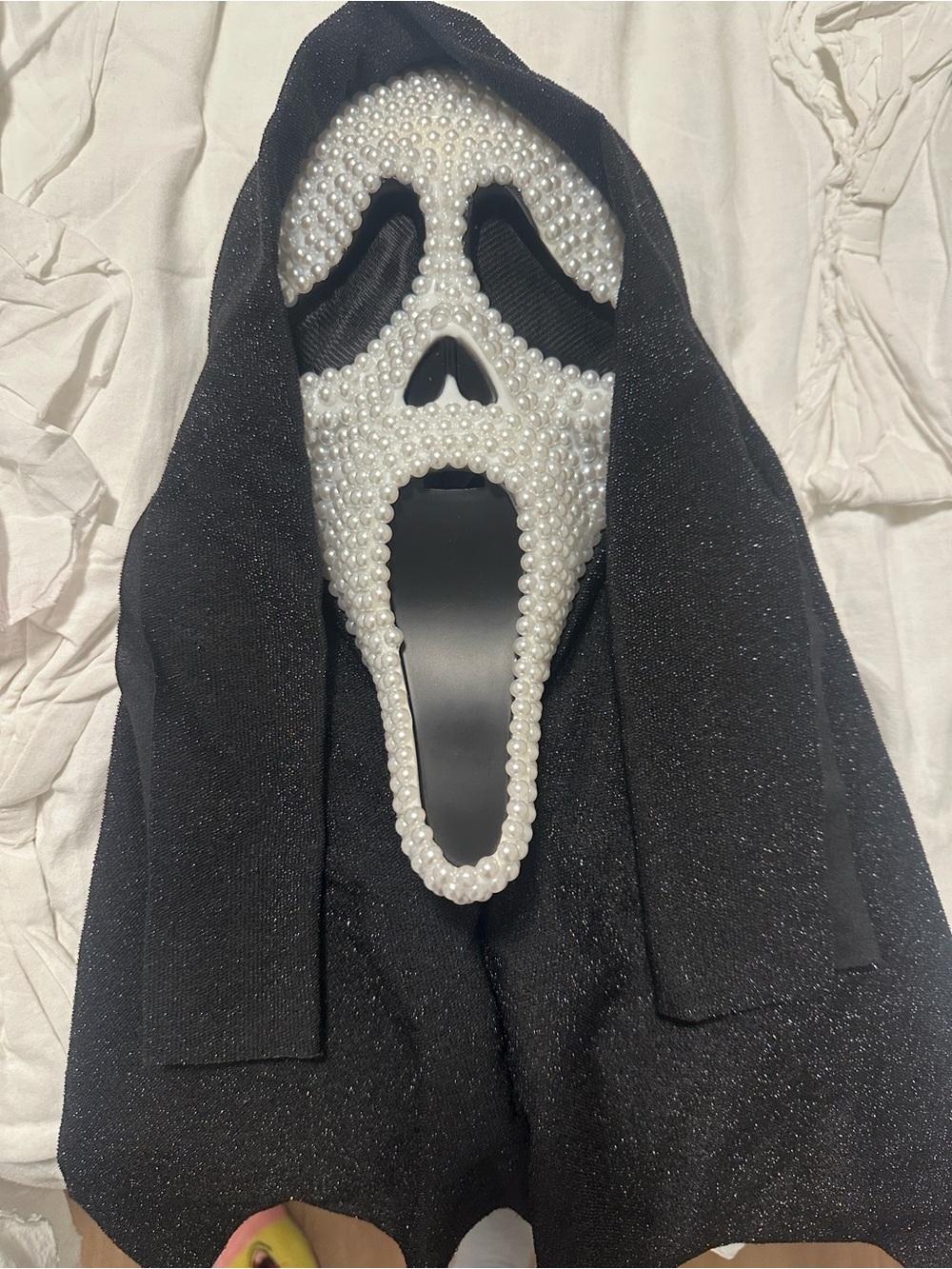 Black Hooded Ghost Mask Costume with Pearl Accent